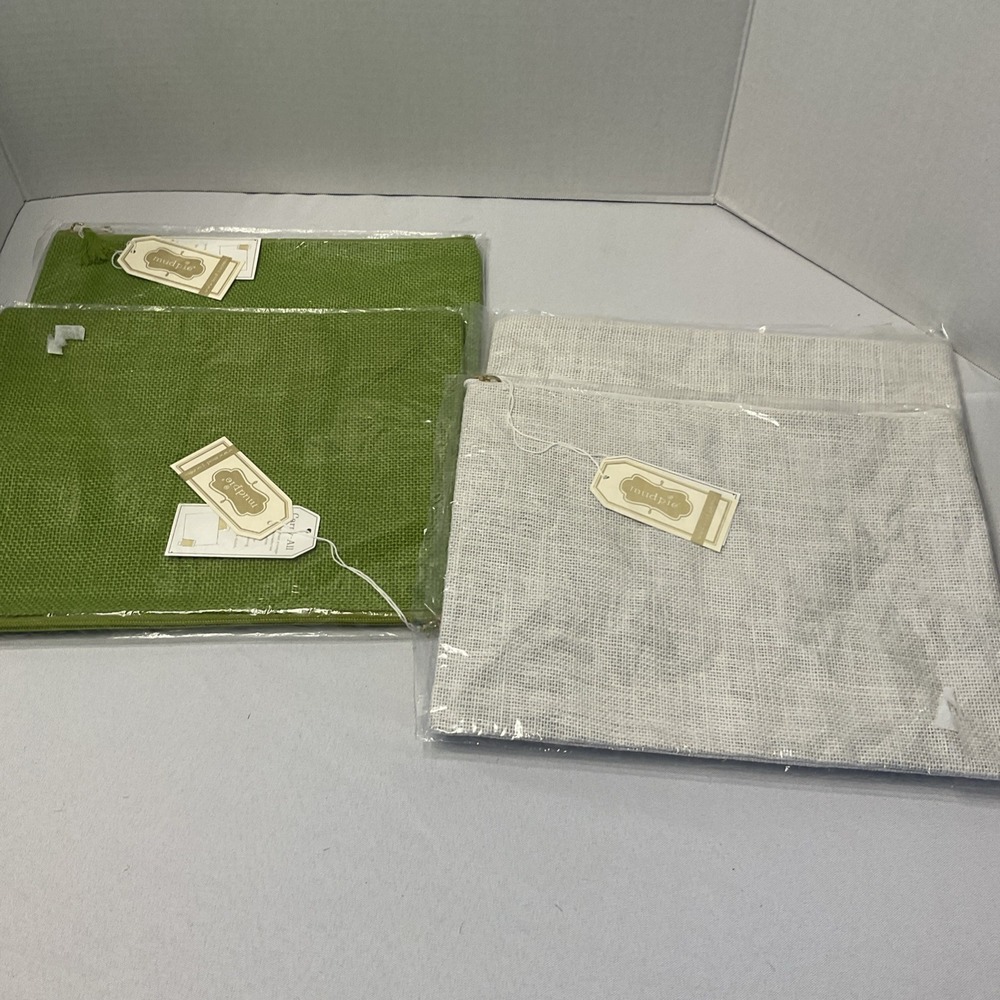Mud Pie Burlap Jute Green White Craft Make Up Bag Carrying Case Zip Up Set Of 4